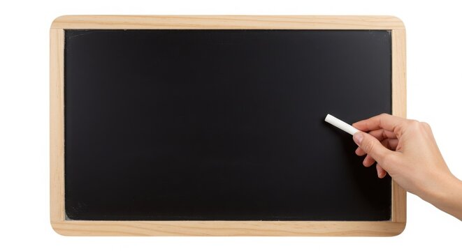 Hand holding chalk near a blank chalkboard with a wooden frame isolated shot