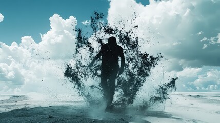 Fototapeta premium Abstract Depiction of a Silhouette Man Emerges on a Dreamlike landscape