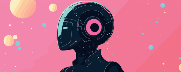 Fototapeta premium Futuristic robot with pink and blue elements in outer space scene.