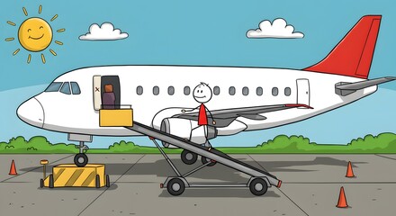 Airplane with Stick Figure on Boarding Stairs