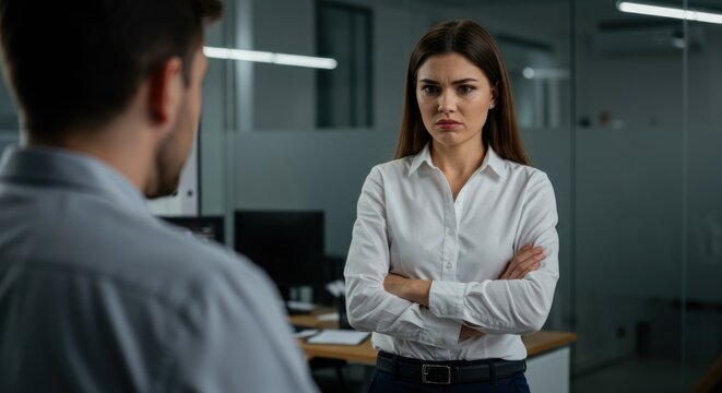 Woman with crossed arms in office facing a person during a discussion. - Powered by Adobe