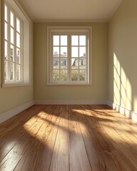 Obraz premium Empty room with sunlight streaming through large windows, pale yellow walls, and wooden floors