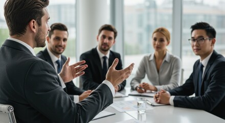 Business meeting with diverse professionals around a table discussing ideas.
