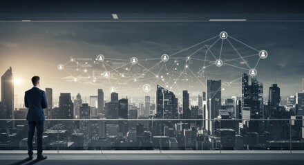 Man looks at city skyline with network connection overlay in a conceptual image.
