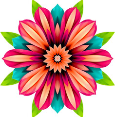 Radiant symmetrical flower design with vibrant petals and green leaves.