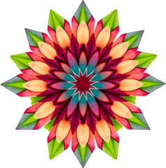 Radiant symmetrical flower design with vibrant petals and green leaves.