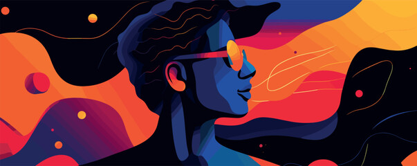 Profile of person in abstract colorful art with sunglasses and bold geometric shapes.