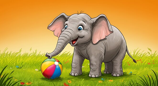 Playful Cartoon Elephant with Ball	Cheerful cartoon illustration of an elephant playing with a colorful ball in a grassy field, conveying fun and joy