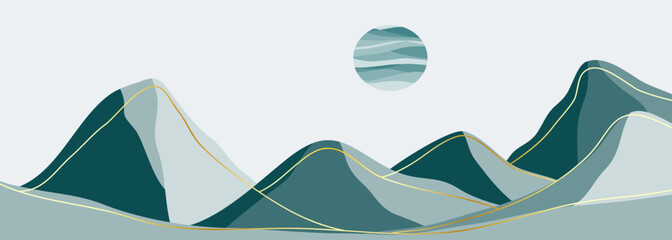 Abstract Mountain landscape background with line art, mountains, sea and ocean wave. creative minimalist modern art print. use for print art, poster, cover, banner