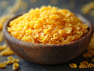 Delicious Uncooked Golden Pasta in Rustic Wooden Bowl Close Up