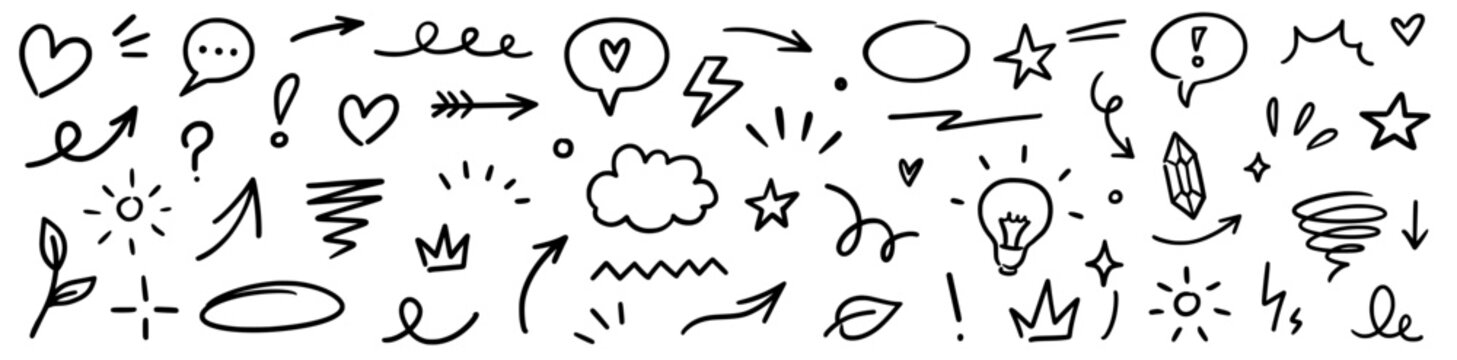 Line marker hand drawn brush arrow element set. Sketch pencil stroke vector graphic pen underline scribble icon. Hand drawn line heart, crown, star symbol highlight marker shape. Vector illustration