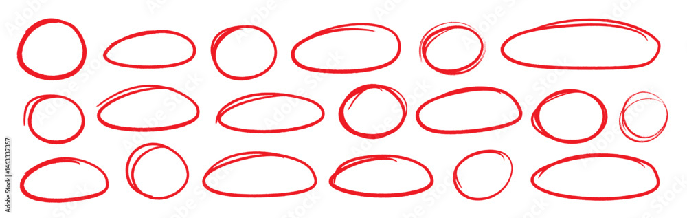 Leinwandbilder hand drawn red pen highlight round oval frame set. handwritten red marker, pencil scribble stroke li