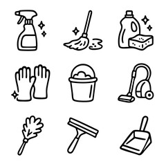 A set of doodle line icons showing cleaning tools and supplies like spray bottle, mop, gloves, vacuum, bucket, and sponge