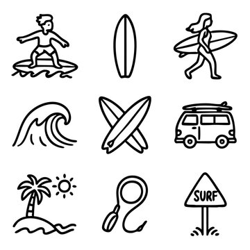 A set of doodle line icons themed around surfing and beach life, featuring surfboards, waves, van, island, surfers, and surf leash