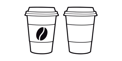 Black and White Disposable Coffee Cup Illustration Set. Takeaway Coffee Cup Outlines with and without Bean.
