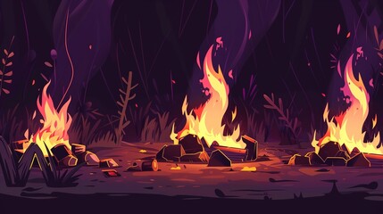 An isolated vector illustration of a survival camp fire, which vividly presents the essential element of a survival situation. The camp fire, with its flickering flames and warm glow,