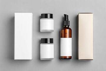Flat Lay Cosmetic Packaging Mockup Set on Gray