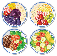 Colorful Plate Illustrations of Fresh Fruits and Vegetables