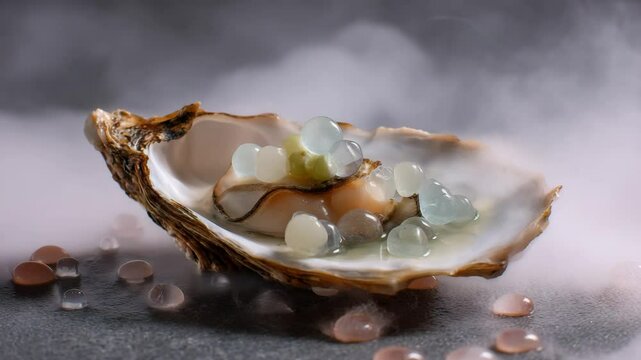 Close up view of an oyster shell filled with translucent spheres and a creamy oyster, set against a dark, smoky background with pink stones. 