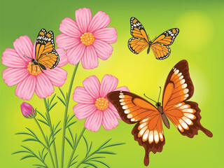 Butterflies and Pink Flowers on Green Background