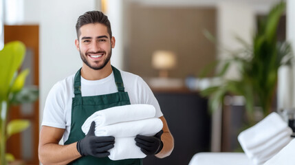 Cheerful housekeeper presenting fresh towels in modern accommodation setting