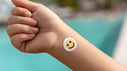 Child's arm with smiley face drawn with sunscreen cream, close-up for sun safety awareness