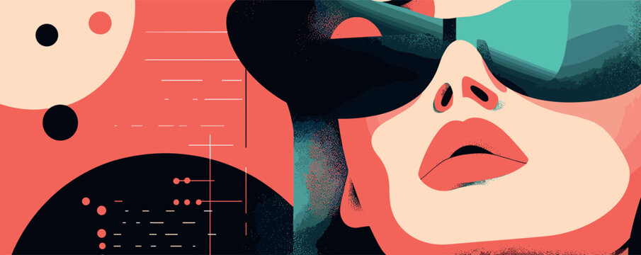 Abstract portrait of woman with sunglasses in bold red and black graphic style.