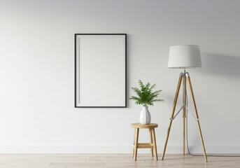 Interior scene with frame, plant, stool and lamp against wall space isolated on gray background