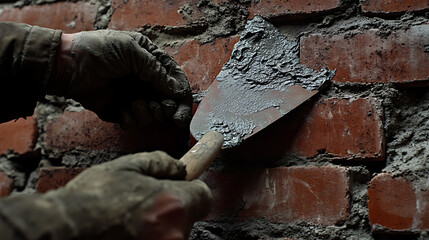 Bricklayer Applying Cement to a Wall