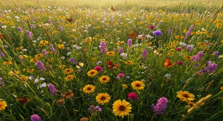 Obraz premium Vibrant Wildflower Meadow with Butterflies at Dawn