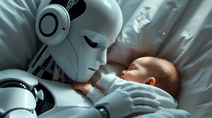 A white humanoid robot and a sleeping baby share a bed, Generative Ai