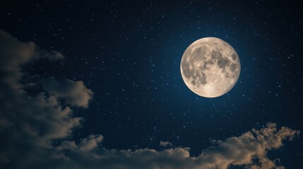 Naklejka premium Serene lunar brilliance amidst scattered stars and ethereal clouds