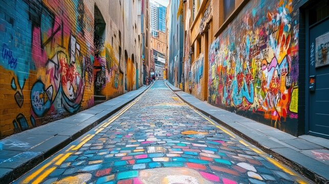 Urban vibrancy captured in a narrow laneway with colorful street art murals