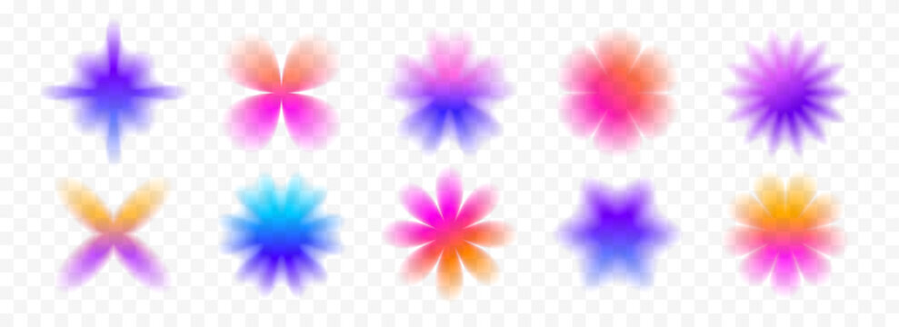 Colorful blurred gradient flowers collection. Bright blurry floral aura shape set. Fading abstract elements for poster, template, badge, sticker, collage. Vector iridescent smooth flower pack
