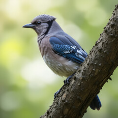 Single ordinary jay sitting on tree branch
