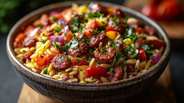 Delicious Orzo Pasta Salad with Chorizo Red Peppers and Parsley - Powered by Adobe