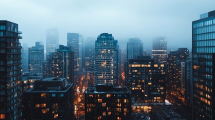 Aerial view of a city with fog and rain.