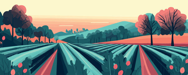 Scenic landscape with vibrant fields and tranquil hills at sunset.