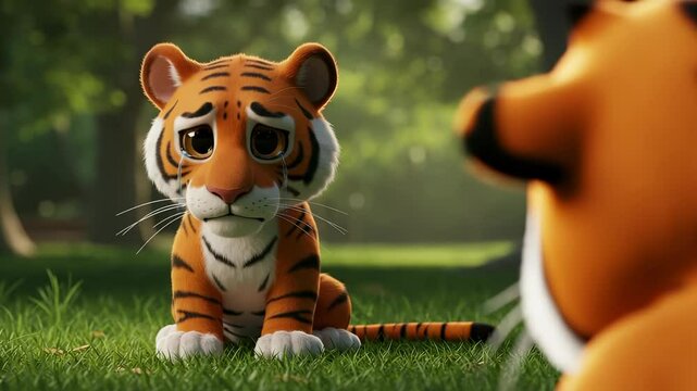 Sad 3D Tiger Cub Crying in Forest Waiting for a Friend