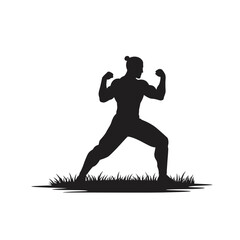 Silhouette of a muscular man in a martial arts stance on a bed of grass illustration