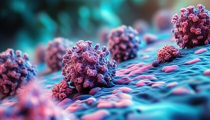 3D microscopic visualization of viral particles with spike proteins, background for healthcare and science themes