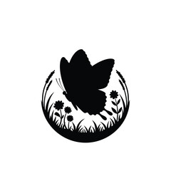 Black silhouette illustration of a butterfly fluttering over a floral landscape in a circular design