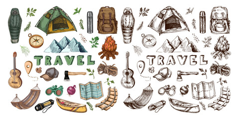 Hand drawn vintage sketch of hiking and camping icons in color and monochrome versions including tent, campfire, guitar and travel equipment isolated © Mariia Mazaeva