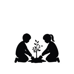 Two children planting a tree silhouette concept for earth day and environmental protection