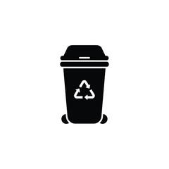 Black and white illustration of a recycle bin with the universal recycling symbol shown