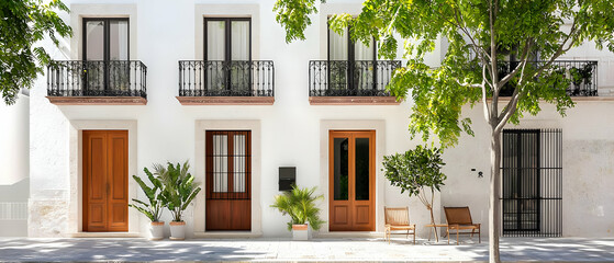 Fototapeta premium White Row Houses With Brown Doors And Green Trees