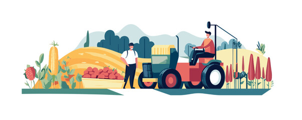 Farm workers harvesting crops with tractor in vibrant agricultural landscape.