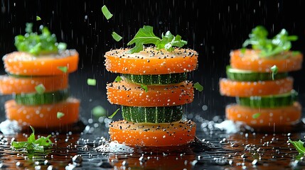 Abstract pattern of vegetable sliced into intricate layer suspended air glowing edge ultra realistic texture cinematic lighting dynamic color contrast 8k resolution perfect symmetry no logo no blurry