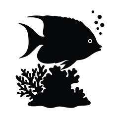 Black silhouette of a fish with coral reef and bubbles underwater illustration