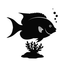 Black and white silhouette illustration of a fish swimming near coral with bubbles